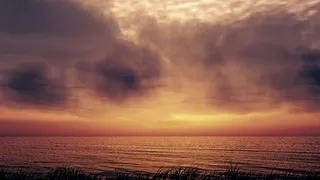 日落，海，云，剪影，余辉，草