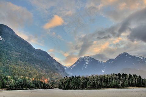 山，日落，树木，景观，风景，云