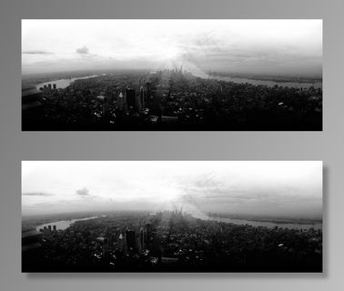 天空,卷积云,建筑,草原,白云,城市天际线和河的黑白全景图像