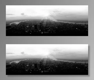 天空,卷积云,建筑,草原,白云,城市天际线和河的黑白全景图像 天空,卷积云,建筑,草原,白云,城市天际线和河的黑白全景图像