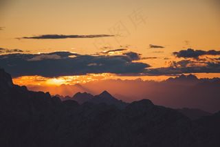 日落，山，范围，查看，全景，云