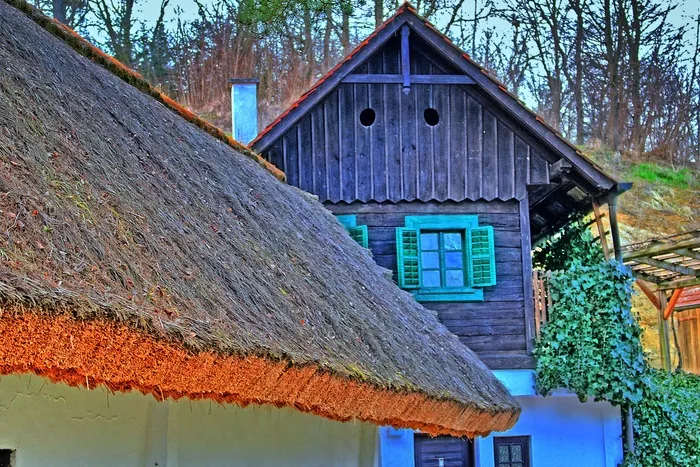 假期，茅草的屋顶，小木屋，Hdr图像