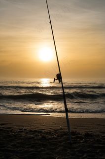 日落，海，海滩，沙，夏天，云团，钓鱼竿