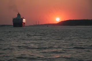 天空,湖泊,海洋,霞光,灯,船开了