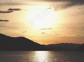 海岸，海岸，丘陵，森林，傍晚，场面，日落