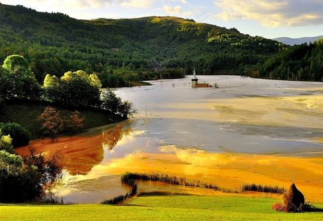 泥，教堂，淹，老，湖，沉没，景观