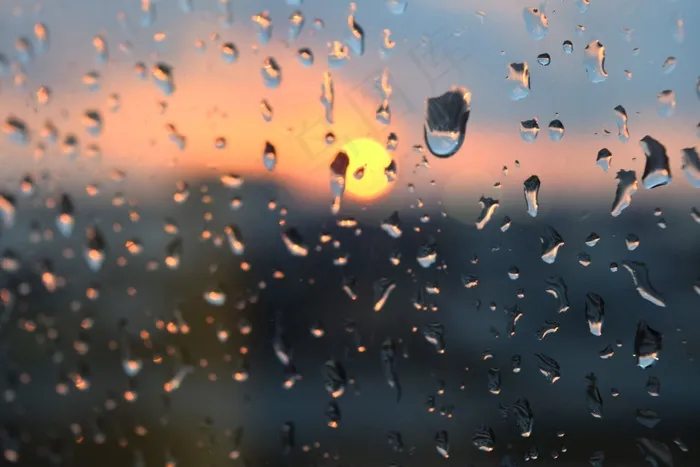 雨，滴，湿，窗口，日落，下着雨，玻璃