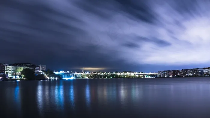 城市，反射，城市，天际线，天空，夜，灯