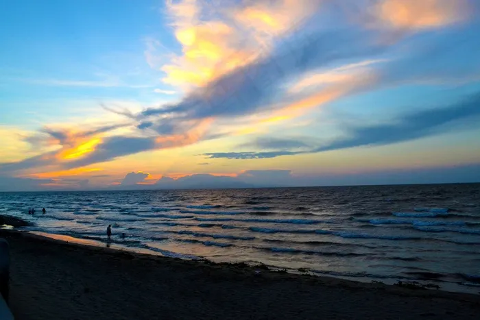 海滩，日落，Coatzacoalcos，韦拉克鲁斯，墨西哥，蓝色