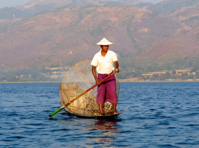渔夫，茵莱湖，缅甸，钓鱼，净，桨