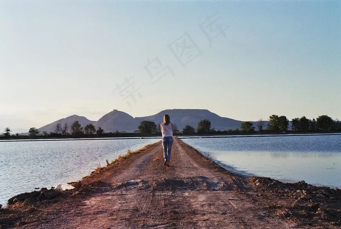 女孩，步行，路径，污垢，湖泊，水，户外
