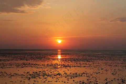 瓦特,瓦登海,北海,落潮,日落,傍晚的天空 瓦特,瓦登海,北海,落潮,日落,傍晚的天空