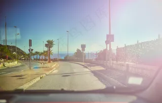 街道,轿车,桥梁,汽车前挡风玻璃,街灯,道街车驾驶