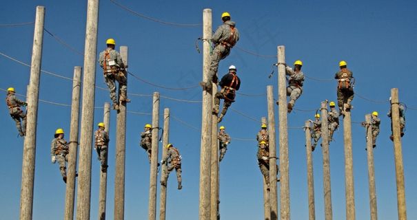 工人，培训，电气，电线杆，攀岩，安全帽