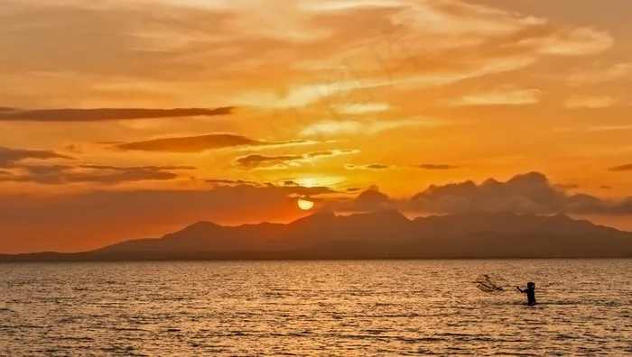 日落，环礁湖，钓鱼，大海，水，山