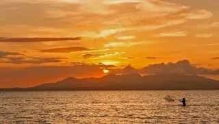 日落，环礁湖，钓鱼，大海，水，山