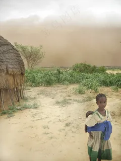 尼日尔，女孩，女人，婴儿，小屋，沙，天空，云