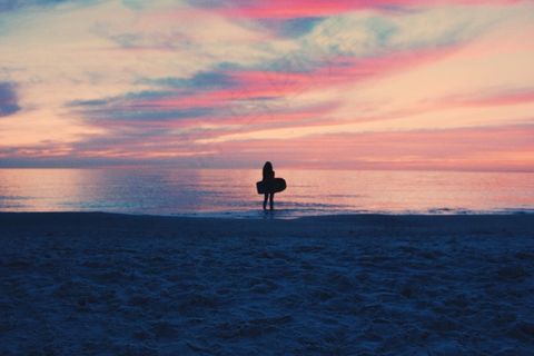 日落，黄昏，海滩，沙，剪影，海洋，大海