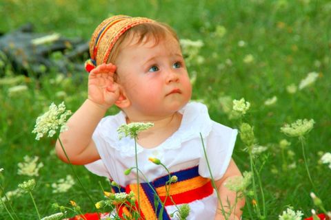 蹒跚学步，传统服饰，鲜花，草，绿色