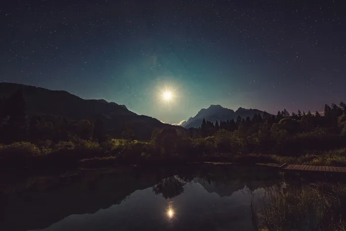 月光，湖，反射，夜，景观，田园