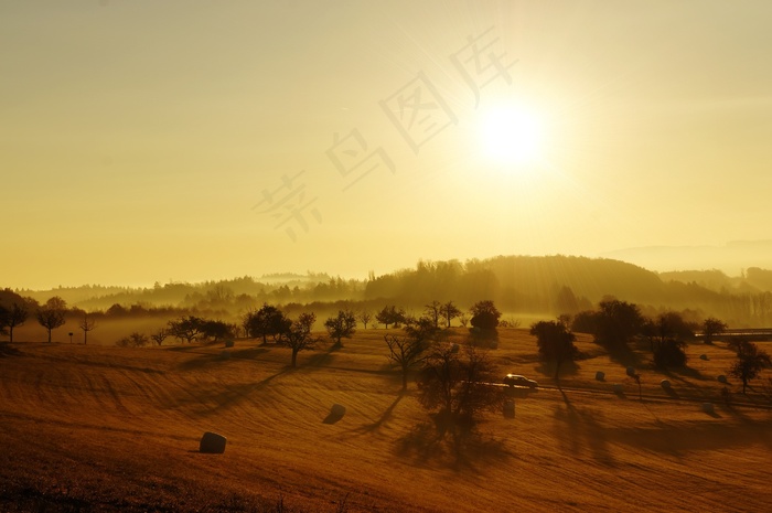 天空,霞光,沙漠,沙尘暴,风沙,秋季景观与树木的日出