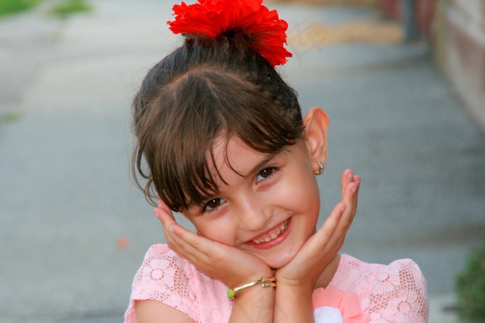 女孩，肖像，红色的花，儿童，无罪，美女