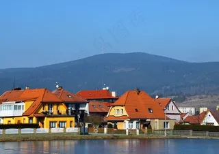 天空，克莱山，房屋，波西米亚，池塘，水，春天