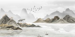 新款水墨山水画电视背景墙图片