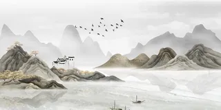 新款水墨山水画电视背景墙图片