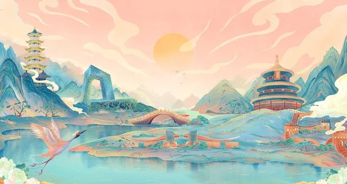 山水插画建筑国潮风手绘地标城市图片(4724x2657)psd模版下载