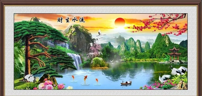 松鹤延年山水装饰画图片(5906x2953)psd模版下载
