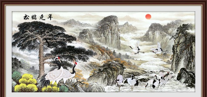国画松鹤延年图富水长流装饰画图片(7087x3543)psd模版下载