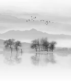 玄关新中式山水意境背景墙图片