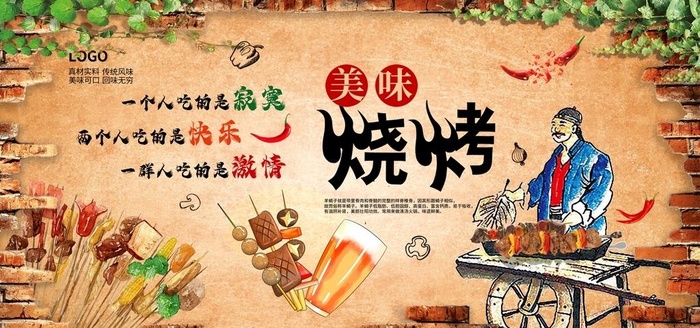 餐厅饭店烧烤店背景墙图片(6000x3000)psd模版下载