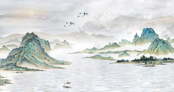 中式意境水墨山水电视背景墙图片