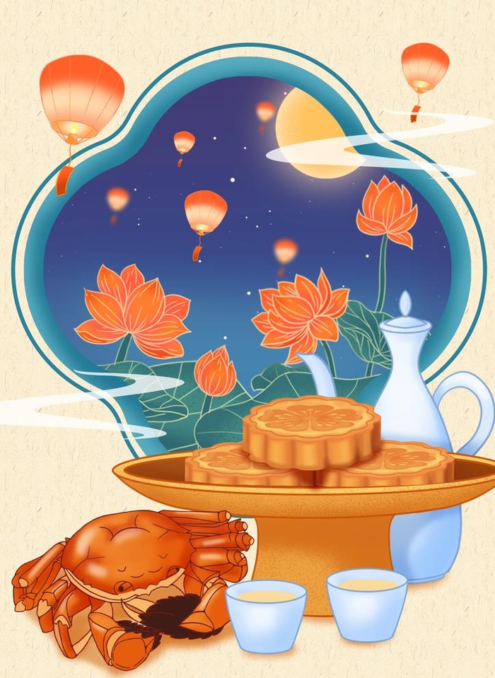 大闸蟹插画素材中秋赏月放天灯桂图片