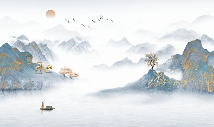 金色山水金色麋鹿小船鸟群石山图片