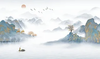 金色山水金色麋鹿小船鸟群石山图片