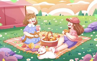 女孩郊游清新插画图片