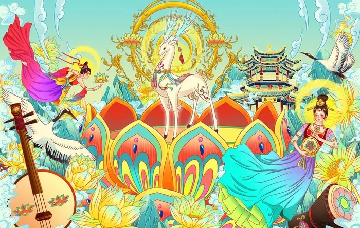 敦煌国潮手绘插画图片(4500x3000)psd模版下载
