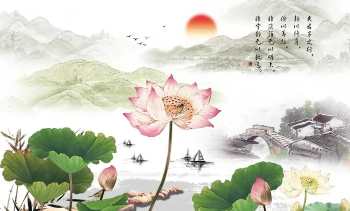 水墨江南荷花背景图片(9071x5669)psd模版下载