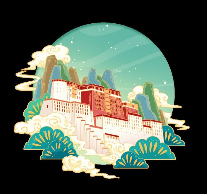 绿色国潮建筑布达拉宫插画设计图片