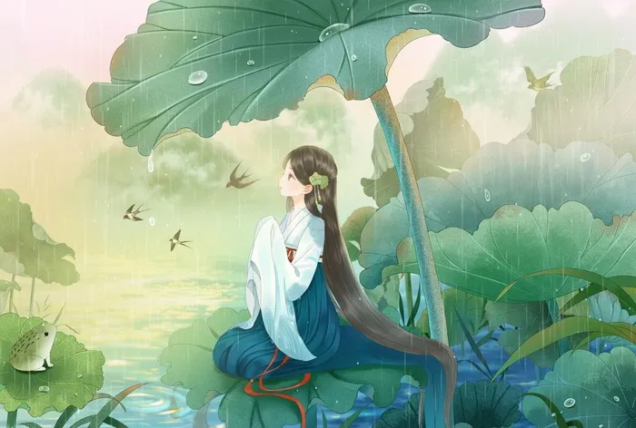 雨水荷叶上的小仙女古风插画图片(3508x2480)psd模版下载