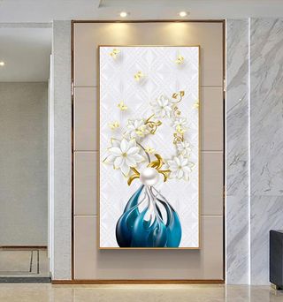 3D立体蝴蝶珍珠花卉玄关画图片