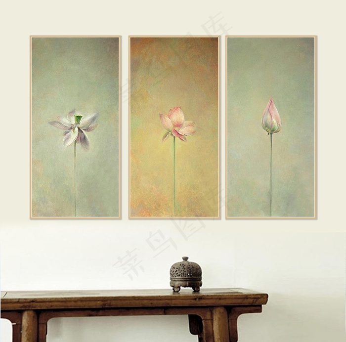 新中式荷花荷叶油画三联装饰画图片(4398x8834)