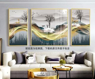 水墨树山脉风景画三联画图片