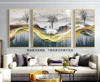 水墨树山脉风景画三联画图片