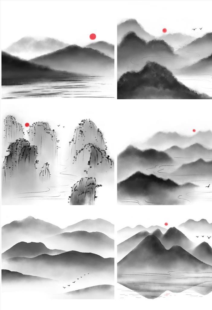 黑白山水水墨元素图片(3072x4107)psd模版下载