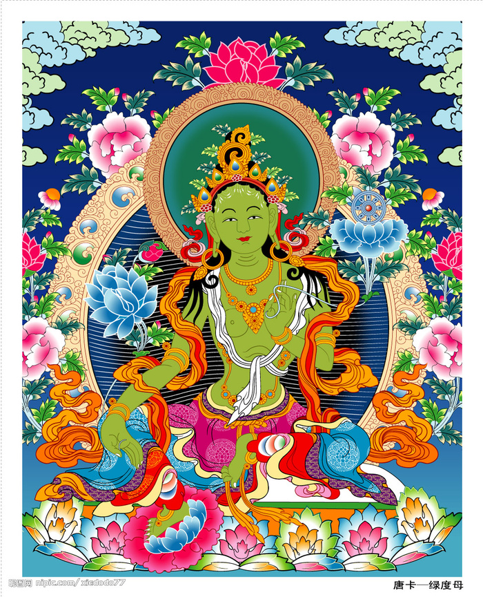 唐卡-绿度母图片ai矢量模版下载