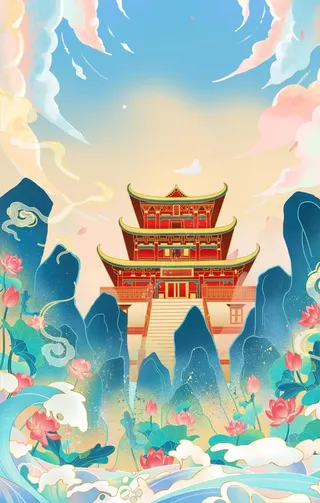 中式山水插画图片